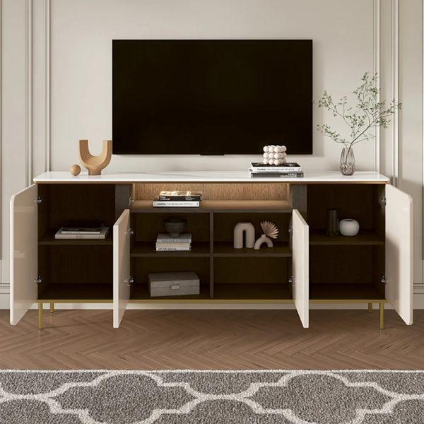 Modanio Tall Beige TV Console with Top Italian Marble with 4 Doors & 5 Shelves 63X14"