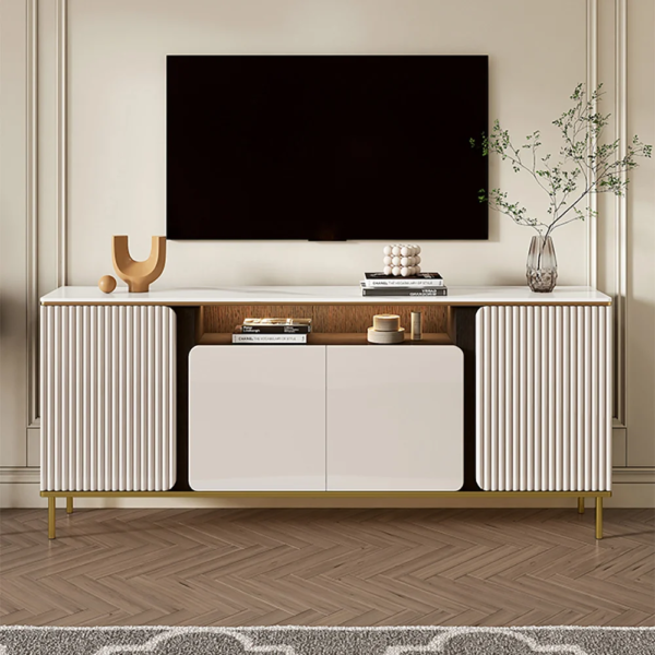 Modanio Tall Beige TV Console with Top Italian Marble with 4 Doors & 5 Shelves 63X14"