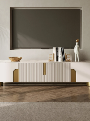Modanio Marble Top Beige & Gold TV Stand with 4 Door Media Console for Living Room