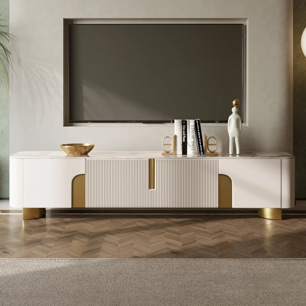 Modanio Marble Top Beige & Gold TV Stand with 4 Door Media Console for Living Room