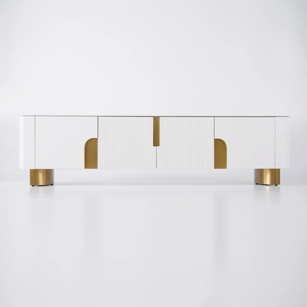 Modanio Marble Top Beige & Gold TV Stand with 4 Door Media Console for Living Room