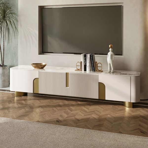 Modanio Marble Top Beige & Gold TV Stand with 4 Door Media Console for Living Room