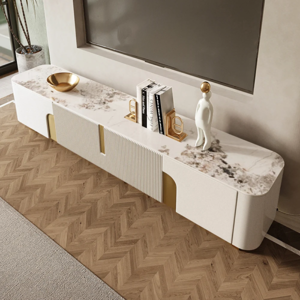 Modanio Marble Top Beige & Gold TV Stand with 4 Door Media Console for Living Room