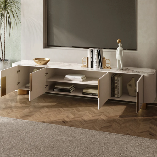Modanio Marble Top Beige & Gold TV Stand with 4 Door Media Console for Living Room