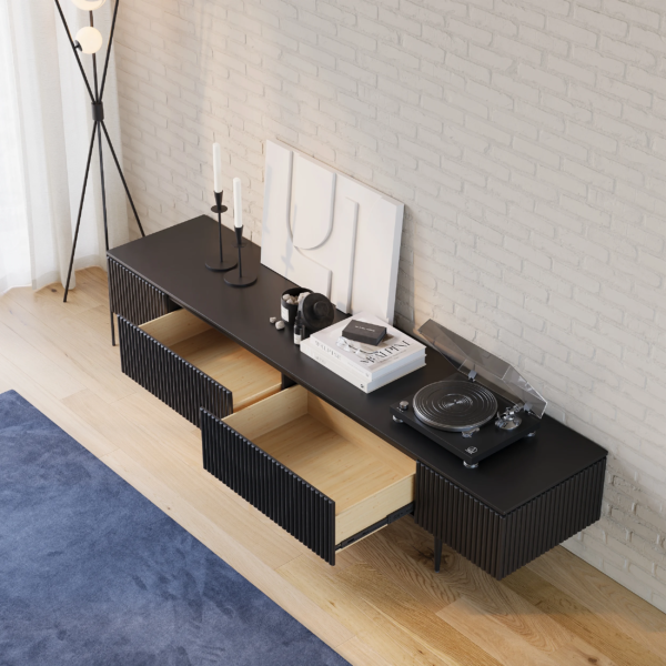 Modanio Modern Line Media Console TV Stand with Drawers & Black Metal Legs