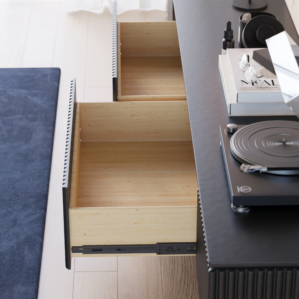 Modanio Modern Line Media Console TV Stand with Drawers & Black Metal Legs