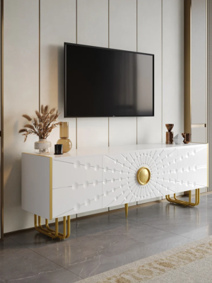 Modanio Art Deco White TV Console with 4 Doors & 6 Shelves with Accent Gold Handle