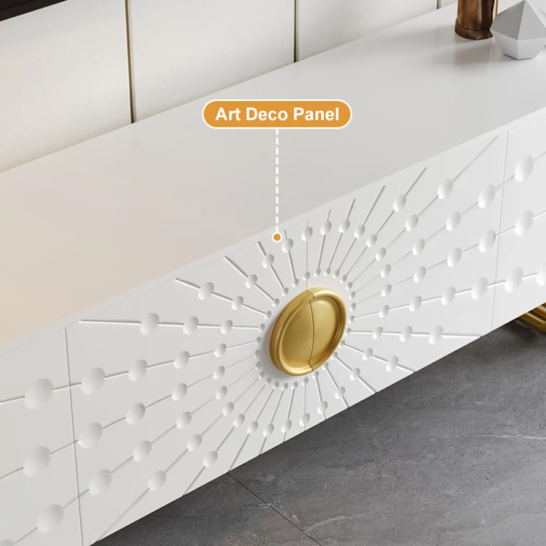 Modanio Art Deco White TV Console with 4 Doors & 6 Shelves with Accent Gold Handle
