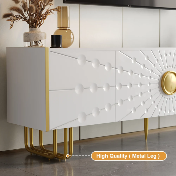Modanio Art Deco White TV Console with 4 Doors & 6 Shelves with Accent Gold Handle