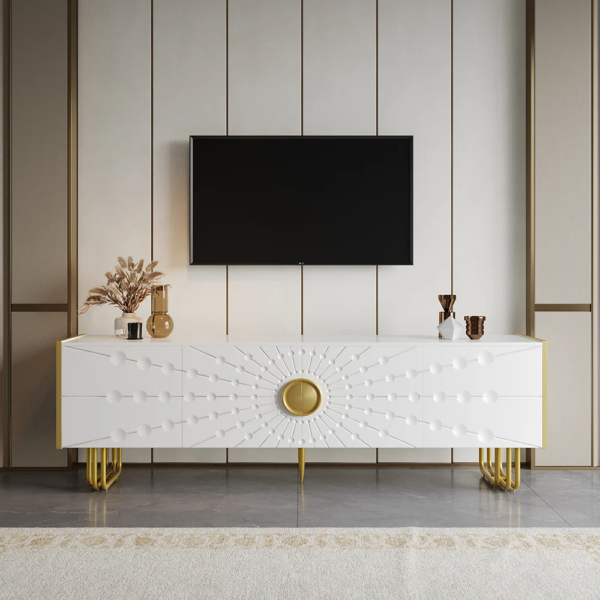 Modanio Art Deco White TV Console with 4 Doors & 6 Shelves with Accent Gold Handle