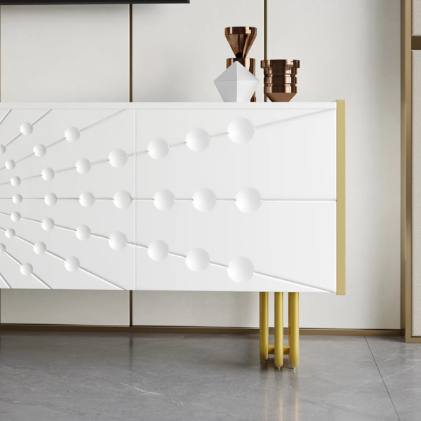 Modanio Art Deco White TV Console with 4 Doors & 6 Shelves with Accent Gold Handle