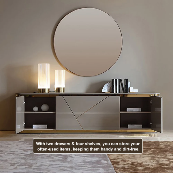 Modanio Luxe Grey & Gold TV Console with Drawer and Open Shelving