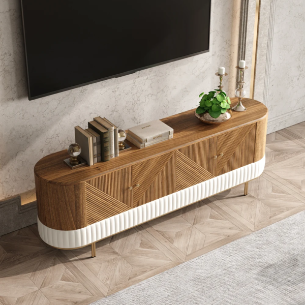 Modanio Wovent Mid-Century Modern Walnut Wood Tall TV Console with Storage