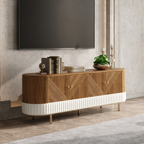 Modanio Wovent Mid-Century Modern Walnut Wood Tall TV Console with Storage