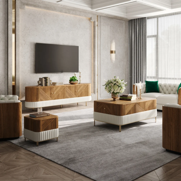Modanio Wovent Mid-Century Modern Walnut Wood Tall TV Console with Storage
