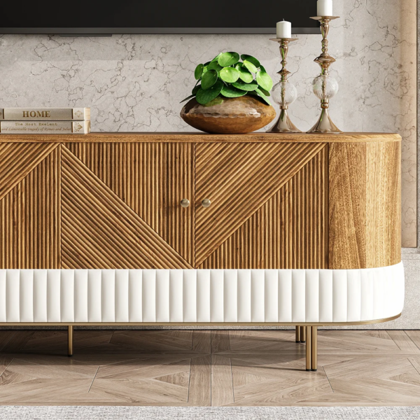 Modanio Wovent Mid-Century Modern Walnut Wood Tall TV Console with Storage