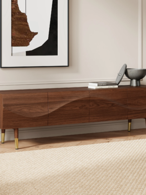 Modanio Lake Mid Century TV Stand with Wavy Design Walnut Storage 4 Drawer