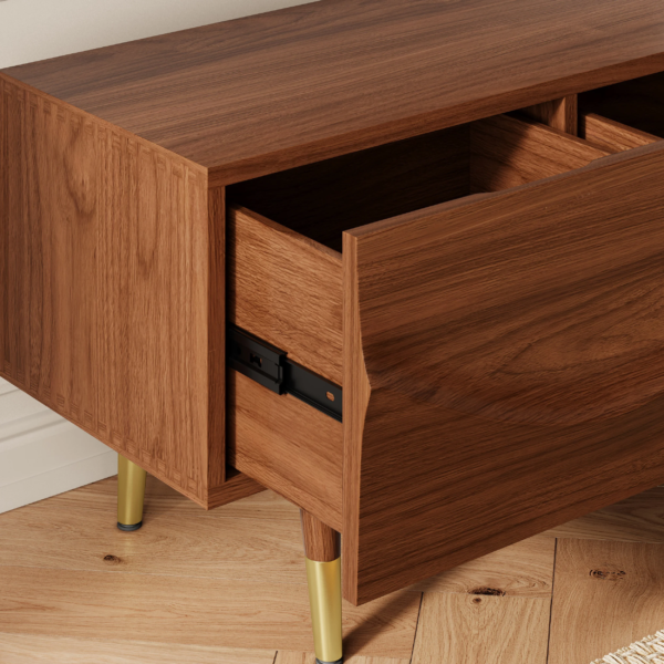 Modanio Lake Mid Century TV Stand with Wavy Design Walnut Storage 4 Drawer