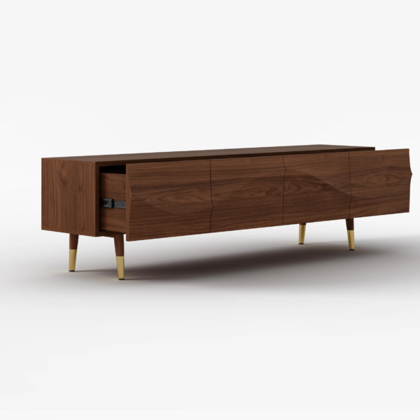 Modanio Lake Mid Century TV Stand with Wavy Design Walnut Storage 4 Drawer