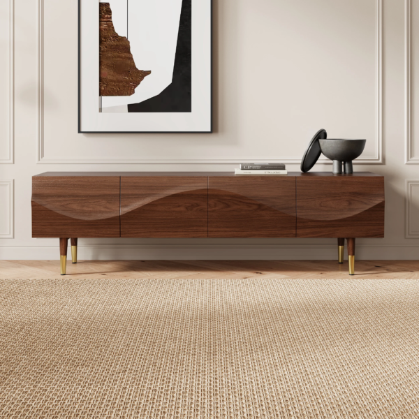 Modanio Lake Mid Century TV Stand with Wavy Design Walnut Storage 4 Drawer