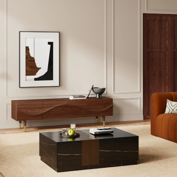Modanio Lake Mid Century TV Stand with Wavy Design Walnut Storage 4 Drawer
