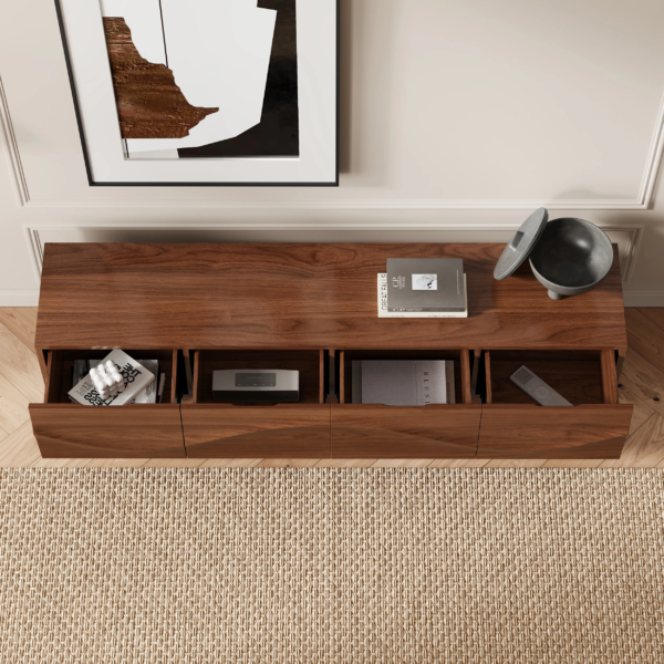 Modanio Lake Mid Century TV Stand with Wavy Design Walnut Storage 4 Drawer
