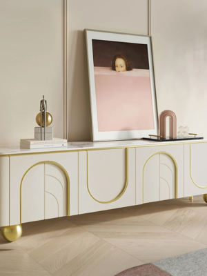 MOD-TC-13_1 Modanio Modern Off White TV Console with Marble Top, Wood 4 Doors with 2 Shelves Media Console