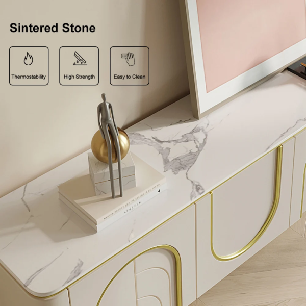 Modanio Modern Off White TV Console with Marble Top, Wood 4 Doors with 2 Shelves Media Console