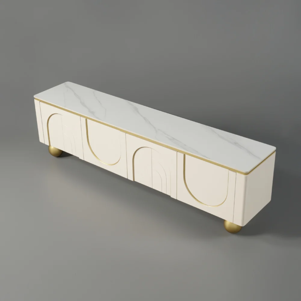 Modanio Modern Off White TV Console with Marble Top, Wood 4 Doors with 2 Shelves Media Console