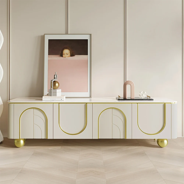 Modanio Modern Off White TV Console with Marble Top, Wood 4 Doors with 2 Shelves Media Console