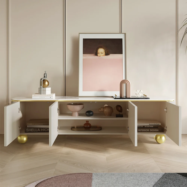 Modanio Modern Off White TV Console with Marble Top, Wood 4 Doors with 2 Shelves Media Console
