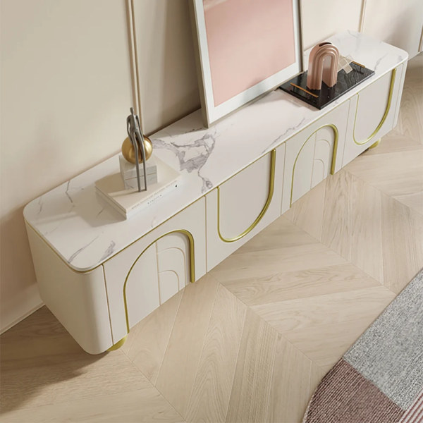 Modanio Modern Off White TV Console with Marble Top, Wood 4 Doors with 2 Shelves Media Console