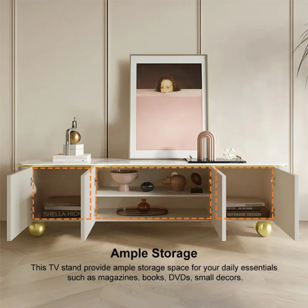 Modanio Modern Off White TV Console with Marble Top, Wood 4 Doors with 2 Shelves Media Console
