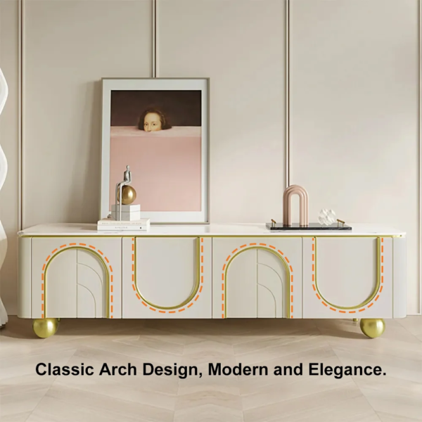 Modanio Modern Off White TV Console with Marble Top, Wood 4 Doors with 2 Shelves Media Console