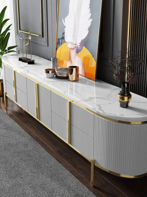 Modanio Gline Modern Oval TV Unit White Marble Top with Drawers & Storage