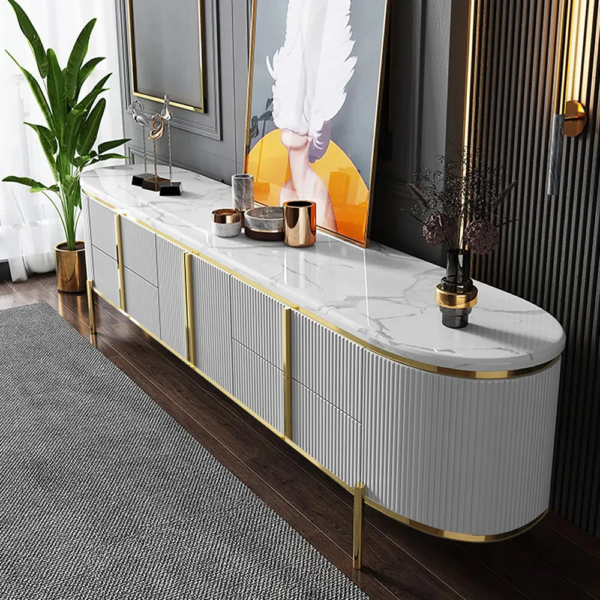 Modanio Gline Modern Oval TV Unit White Marble Top with Drawers & Storage