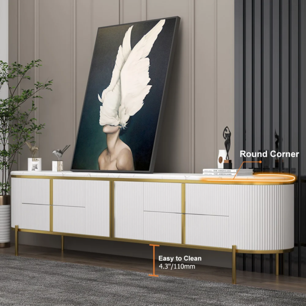 Modanio Gline Modern Oval TV Unit White Marble Top with Drawers & Storage