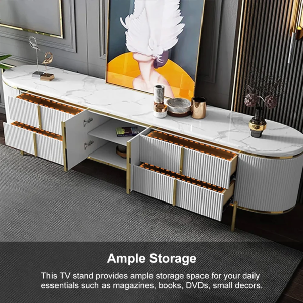 Modanio Gline Modern Oval TV Unit White Marble Top with Drawers & Storage