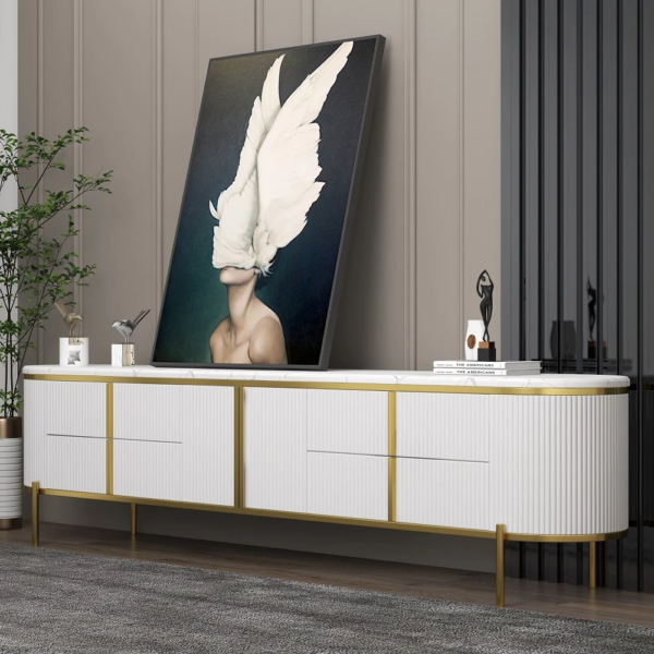 Modanio Gline Modern Oval TV Unit White Marble Top with Drawers & Storage
