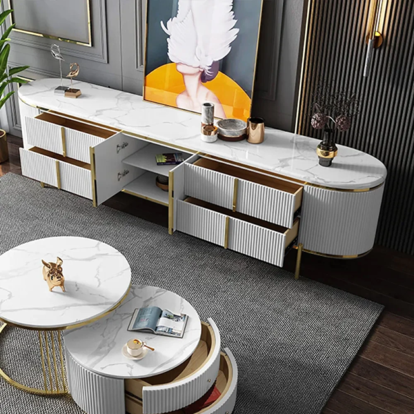 Modanio Gline Modern Oval TV Unit White Marble Top with Drawers & Storage