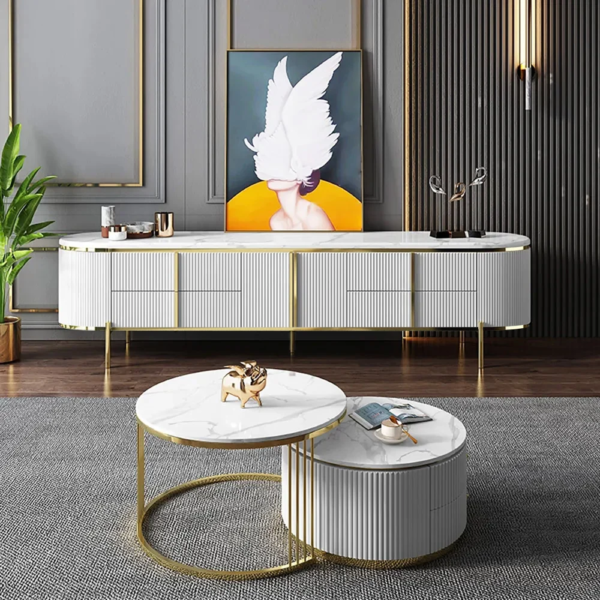 Modanio Gline Modern Oval TV Unit White Marble Top with Drawers & Storage