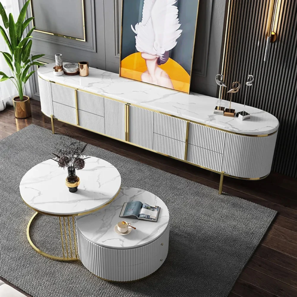 Modanio Gline Modern Oval TV Unit White Marble Top with Drawers & Storage