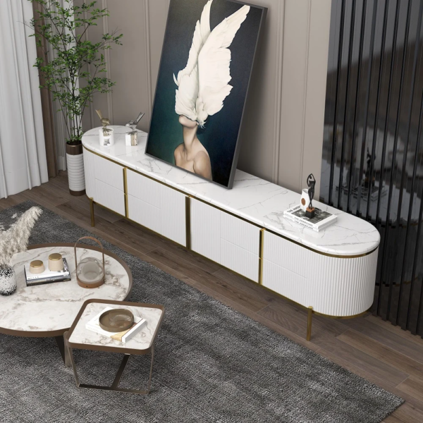Modanio Gline Modern Oval TV Unit White Marble Top with Drawers & Storage