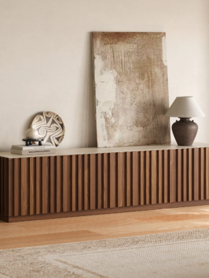 Modanio Ash Wood Slatted Walnut TV Console with Italian Marble Top - Modanio