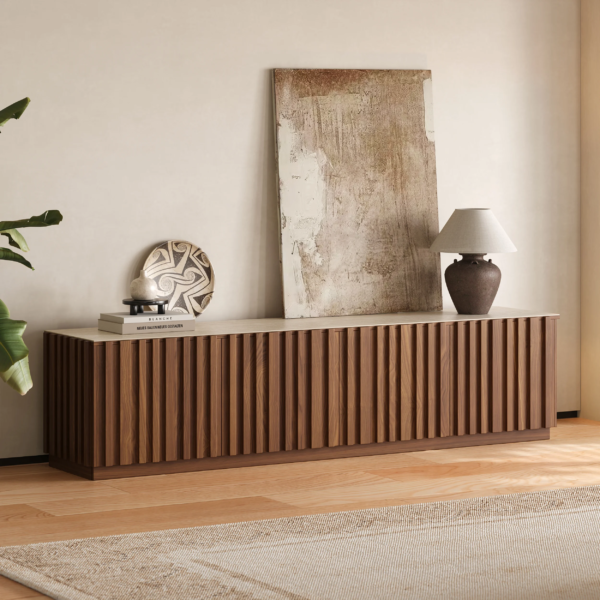 Modanio Ash Wood Slatted Walnut TV Console with Italian Marble Top - Modanio