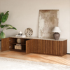 Modanio Ash Wood Slatted Walnut TV Console with Italian Marble Top - Modanio