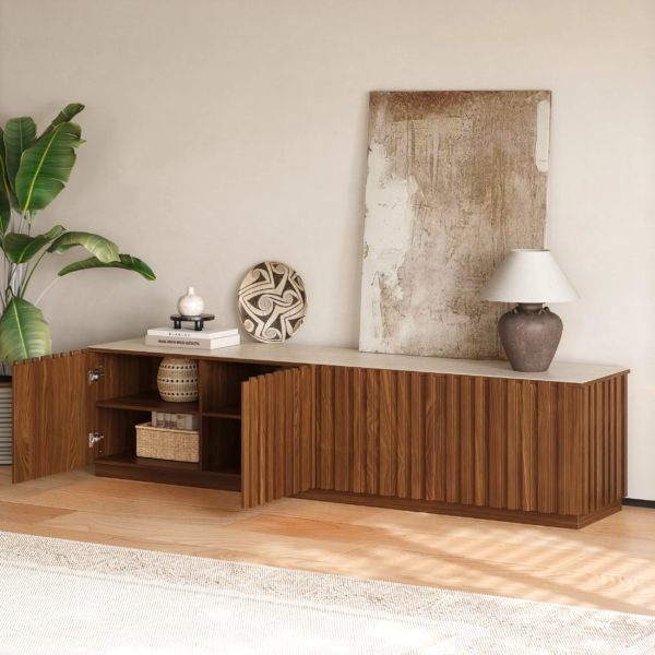 Modanio Ash Wood Slatted Walnut TV Console with Italian Marble Top - Modanio