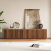 Modanio Ash Wood Slatted Walnut TV Console with Italian Marble Top - Modanio