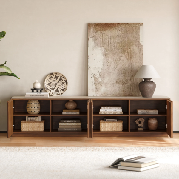 Modanio Ash Wood Slatted Walnut TV Console with Italian Marble Top - Modanio