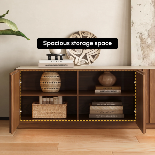 Modanio Ash Wood Slatted Walnut TV Console with Italian Marble Top - Modanio